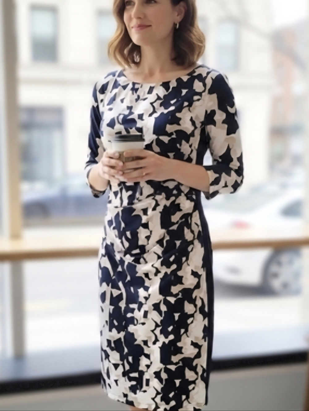 Lauren Ralph Lauren Ruched Sheath Dress Navy Beige Abstract Stretch Sz 2